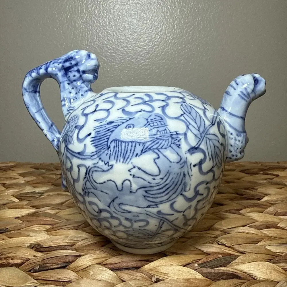 Vintage Chinese Blue White Porcelain Teapot Fish Motif Dragon Handle No Lid
